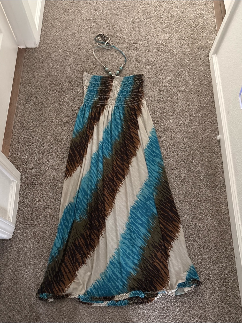 Cristinalove Strapless Maxi Dress in Teal, Brown & Cream